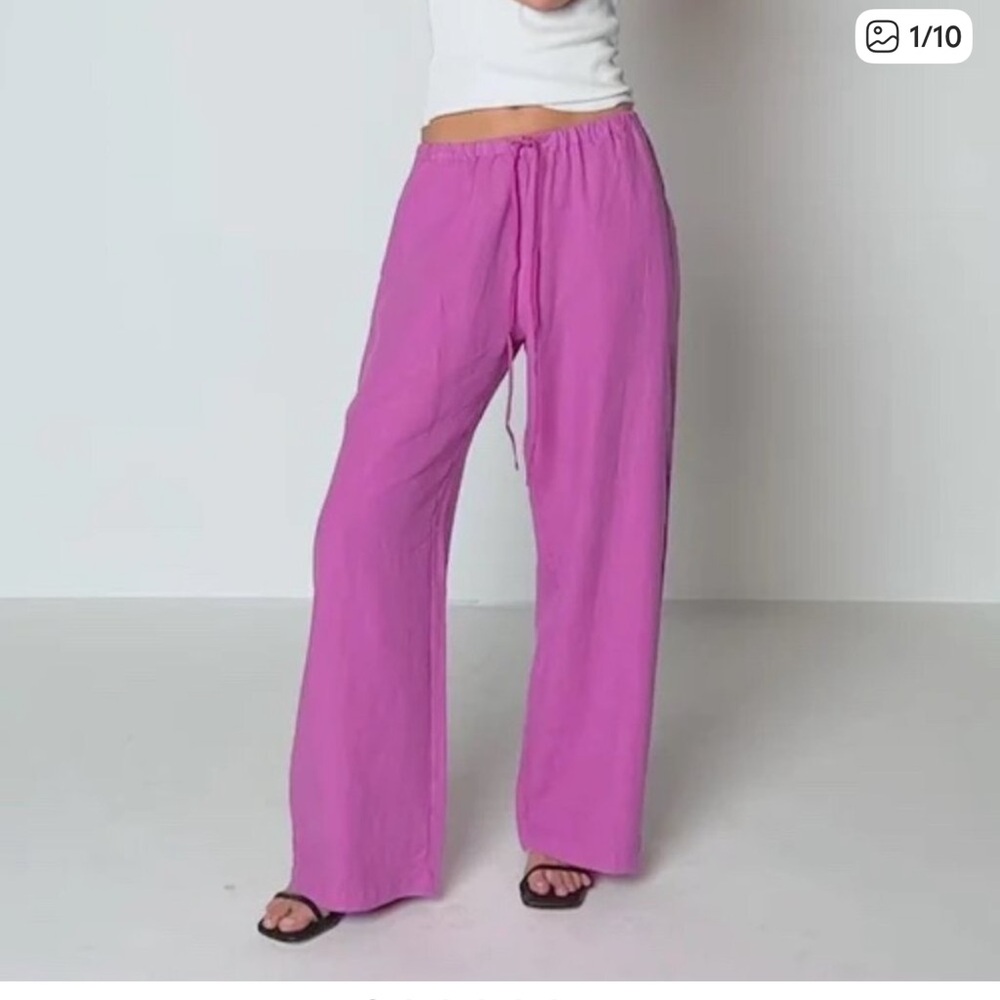Nation LTD Pants Womens Medium Pink Rosebud Linen Lucia Tie Waist Beach Vacation